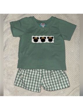 Smocked Flamingo Disney Boys Two-Piece Sage Green Set with Gingham Shorts